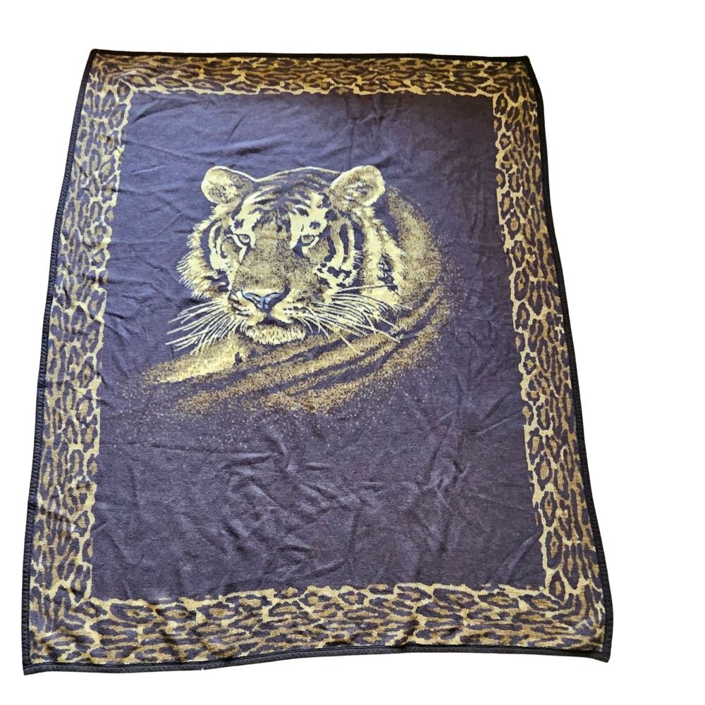 Biederlack Tiger Blanket 72x54in Throw Vintage Leopard Trim Brown Beige Soft